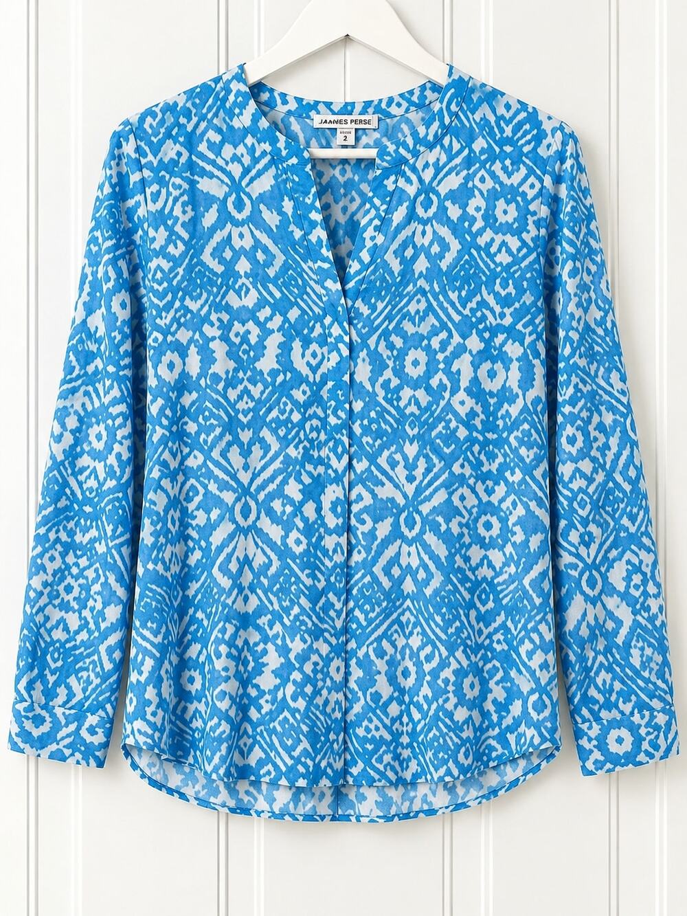 Standard James Perse Blouse Womens 2 M Blue White Geometric Print Split Neck